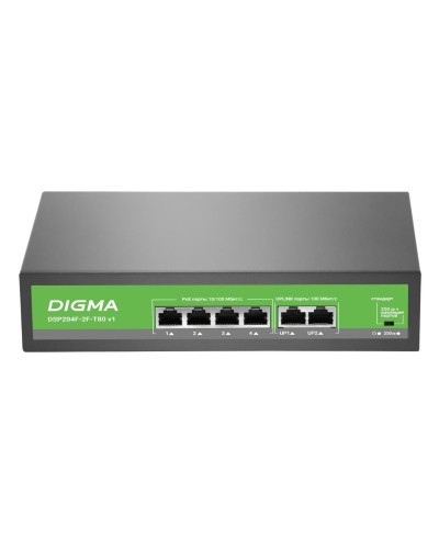 DSP204F-2F-T80 DSP204F-2F-T80 V1 (L2) 6х100Мбит/с 4PoE 4PoE+ 80W. Коммутатор с питанием по PoE. Digma в Комсомольске-на-Амуре