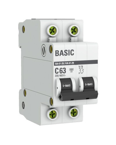 Автоматический выключатель 2P 63А (C) 4,5кА ВА 47-29 Basic (mcb4729-2-63C). Автоматический выключатель. EKF в Комсомольске-на-Амуре