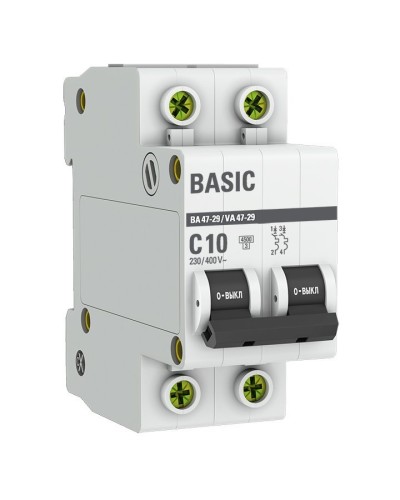 Автоматический выключатель 2P 10А (C) 4,5кА ВА 47-29 Basic (mcb4729-2-10C). Автоматический выключатель. EKF в Комсомольске-на-Амуре