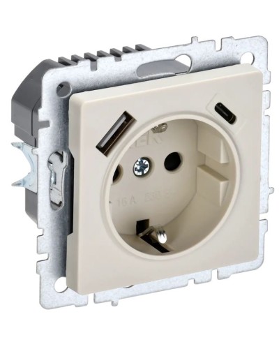 Розетка с з/к с USB A+C 18Вт РЮш11-1-БрКр бежевый BRITE (BR-R14-16-U22-018-K10). Розетка с заземлением с защитными шторками, 18Вт. IEK в Комсомольске-на-Амуре